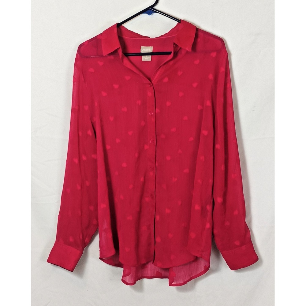 Chico's Hot Pink Sheer Hearts Valentine Button Up Blouse Size 2 (12/14) Preppy